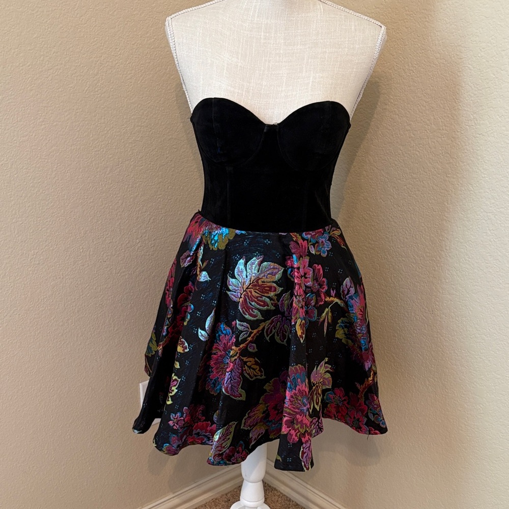 Floral Strapless Black Dress